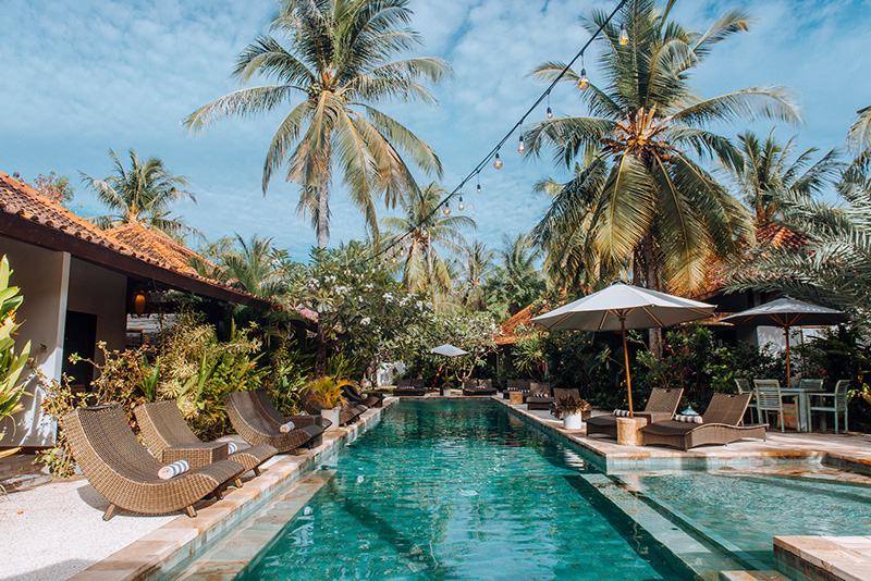 The 25m tropical fresh-water swimming pool, the jewel of hotel Belukar, Gili Trawangan.  To make a luxury room reservation in one of our pool view villa rooms, hotel reservations can be contacted on info@belukarvillas.com